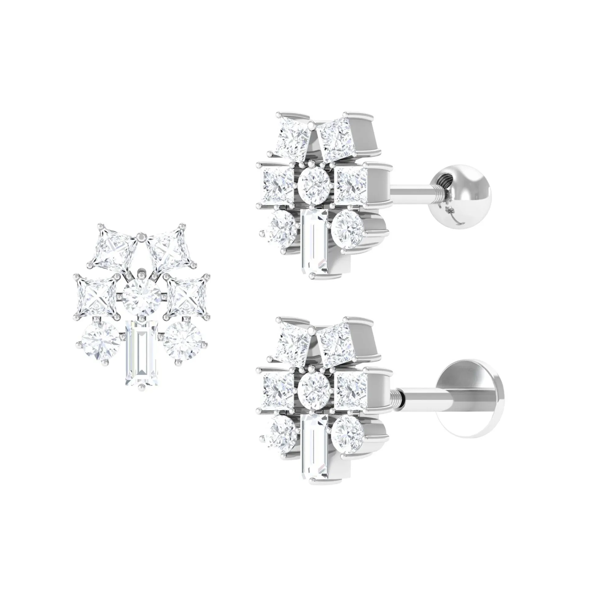 Unique Moissanite Cluster Earring for Upper Lobe Piercing