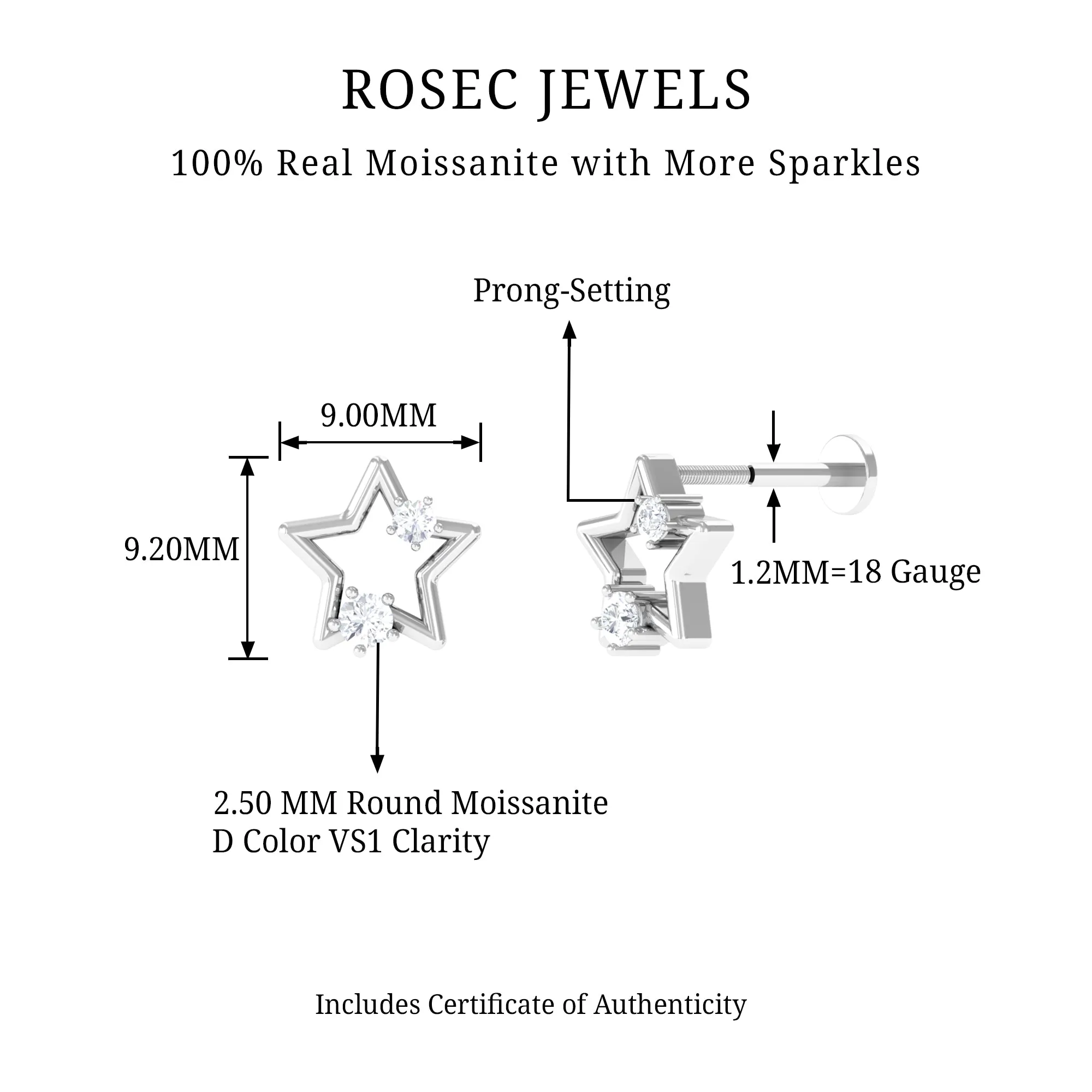 Unique Moissanite Gold Star Upper Lobe Earring