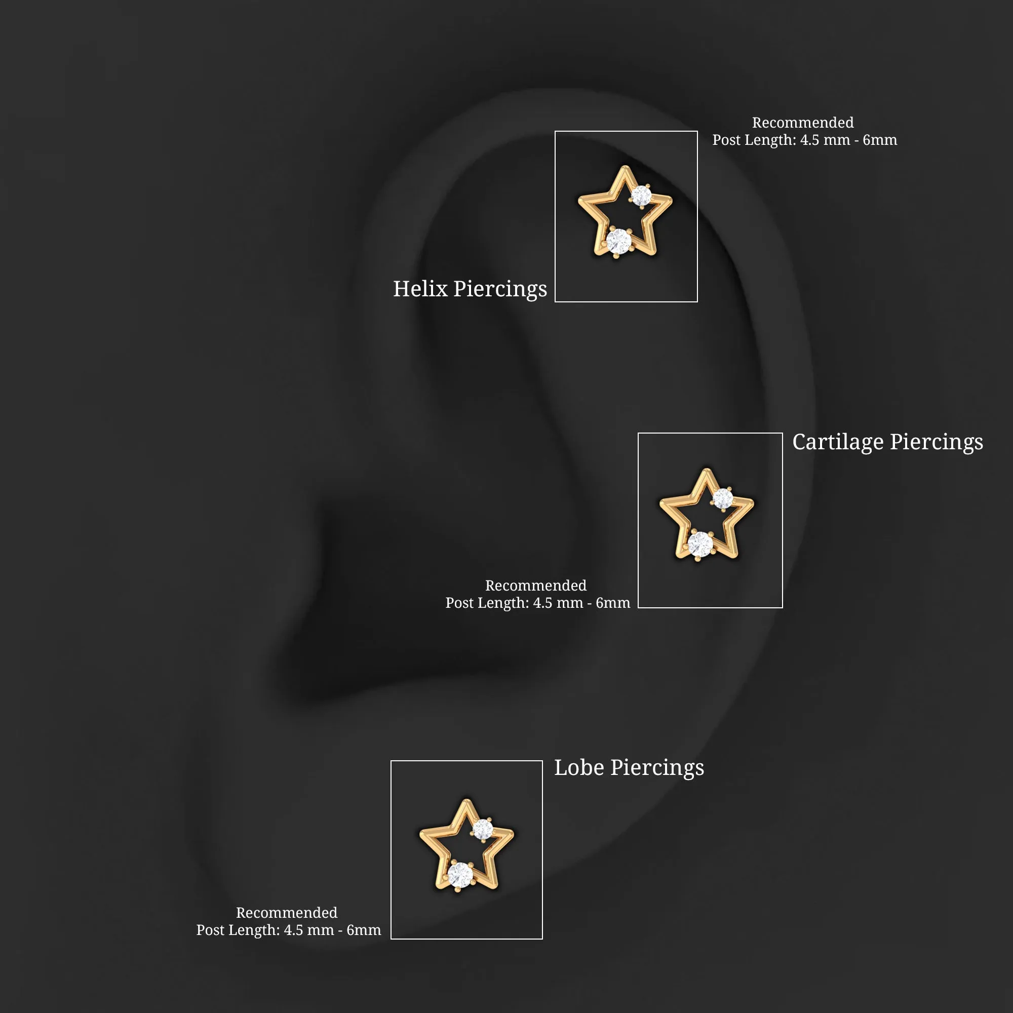 Unique Moissanite Gold Star Upper Lobe Earring