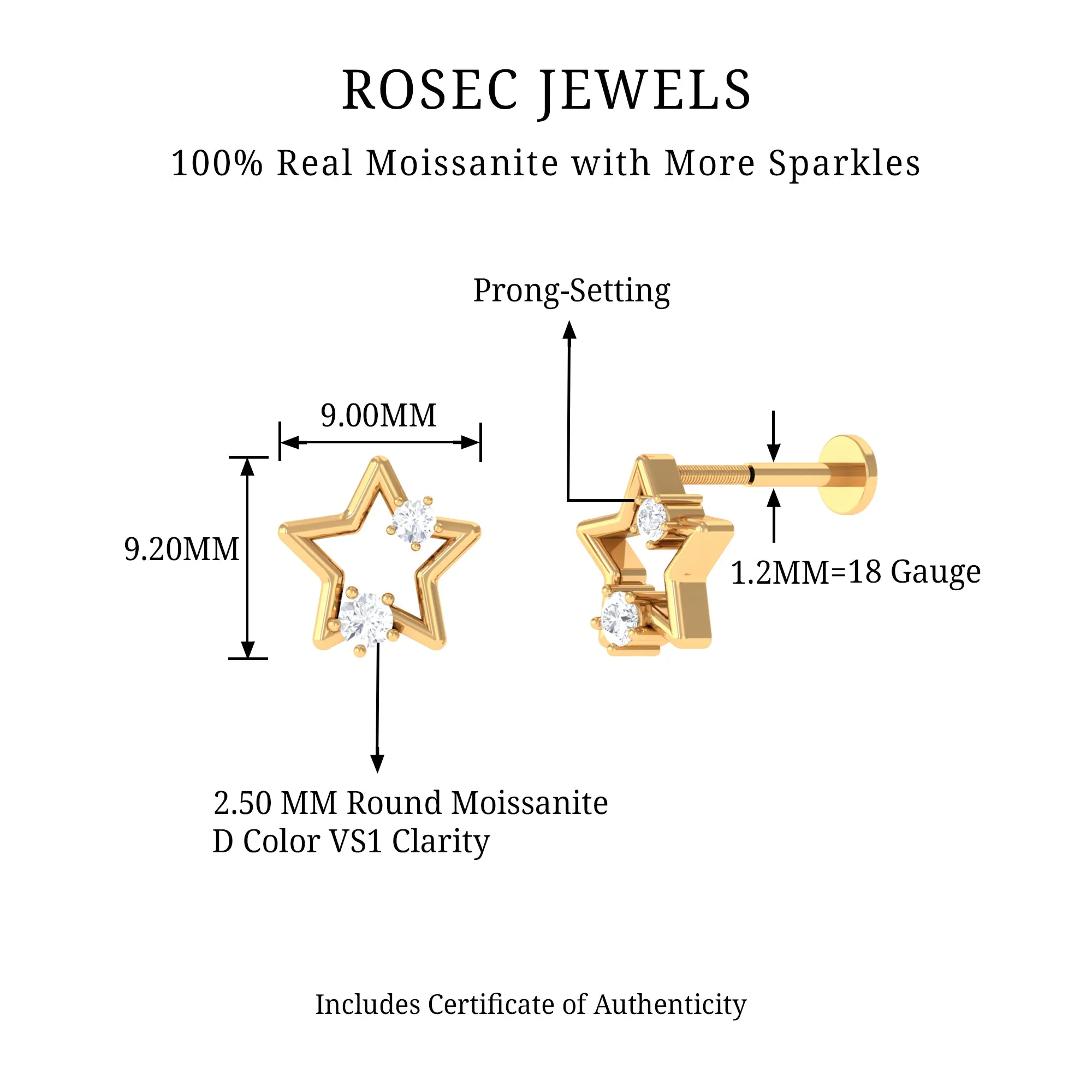 Unique Moissanite Gold Star Upper Lobe Earring