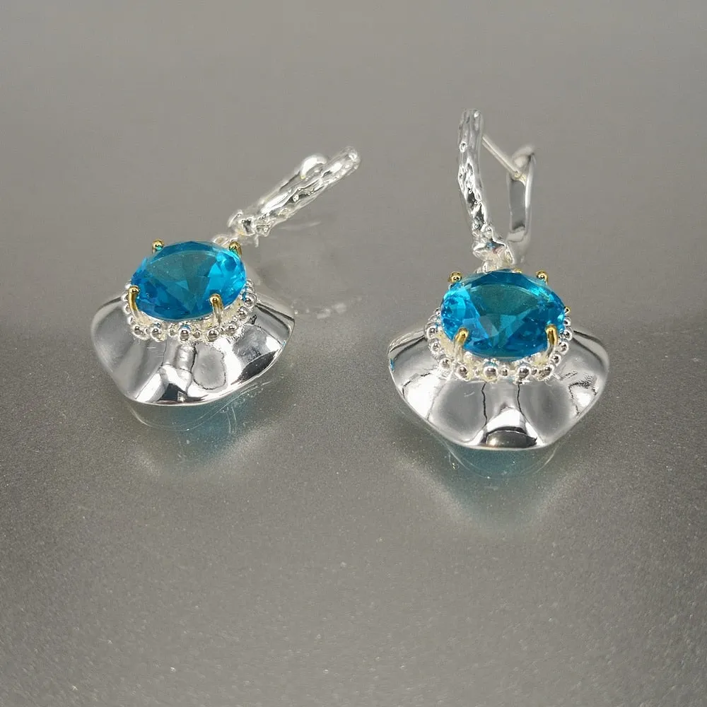 Unique Silver Gold Radiant Cut Sky Blue Zirconia Woman Earrings