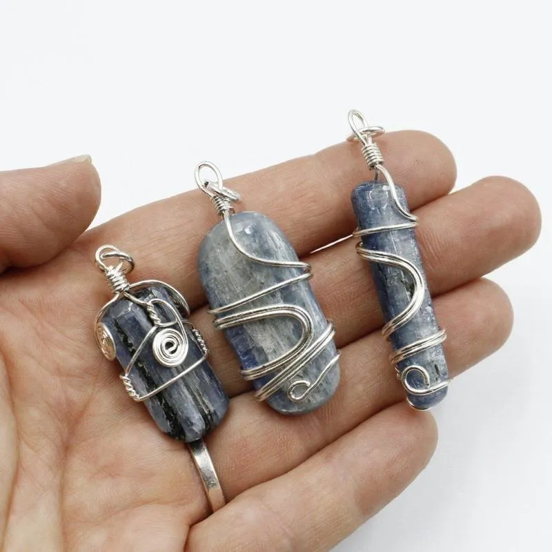 Unisex Silver Metal Wire Wrap Blue Kyanite Pendants