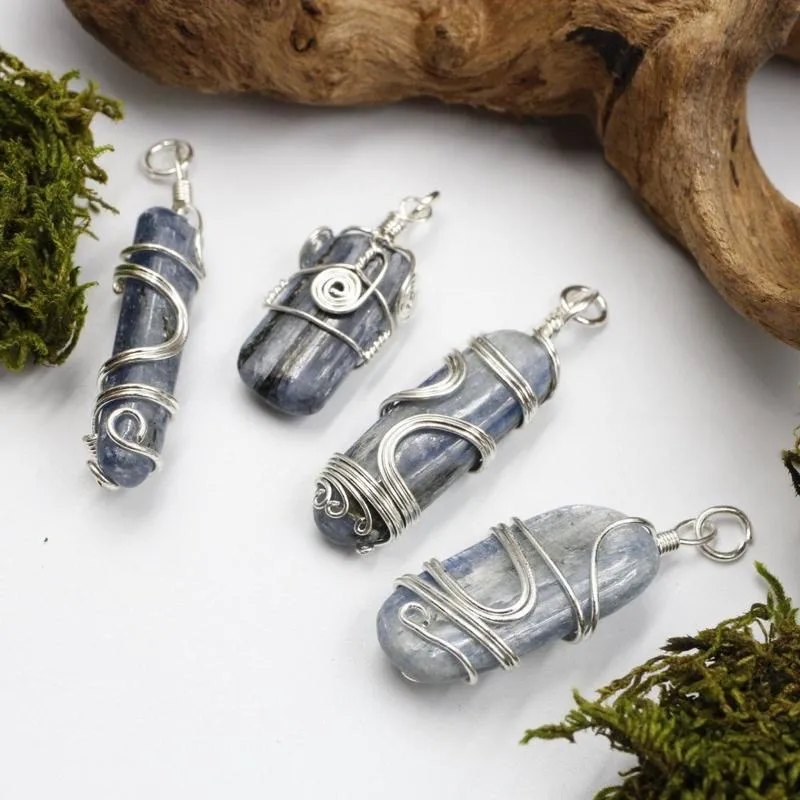 Unisex Silver Metal Wire Wrap Blue Kyanite Pendants