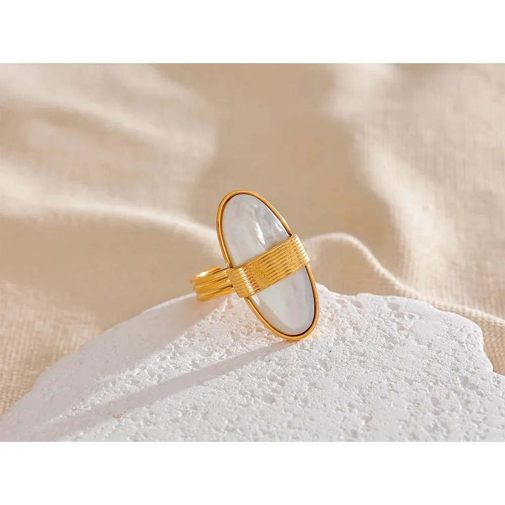VAIGE Geometric Open Ring in Gold with Natural Shell and High-Quality Stainless Steel, 18K PVD Plated Fashion Jewelry