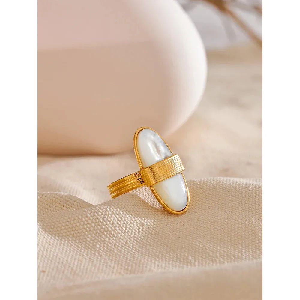 VAIGE Geometric Open Ring in Gold with Natural Shell and High-Quality Stainless Steel, 18K PVD Plated Fashion Jewelry