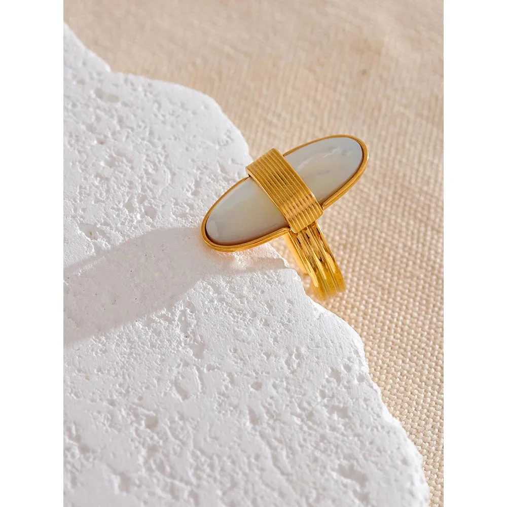VAIGE Geometric Open Ring in Gold with Natural Shell and High-Quality Stainless Steel, 18K PVD Plated Fashion Jewelry