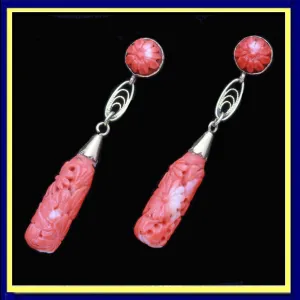 Vintage Art Deco Earrings 14k Gold Carved Coral Ear Pendants  (6506)
