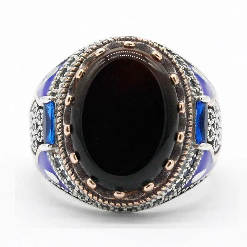 Vintage Black Agate with Blue Enamel Ring