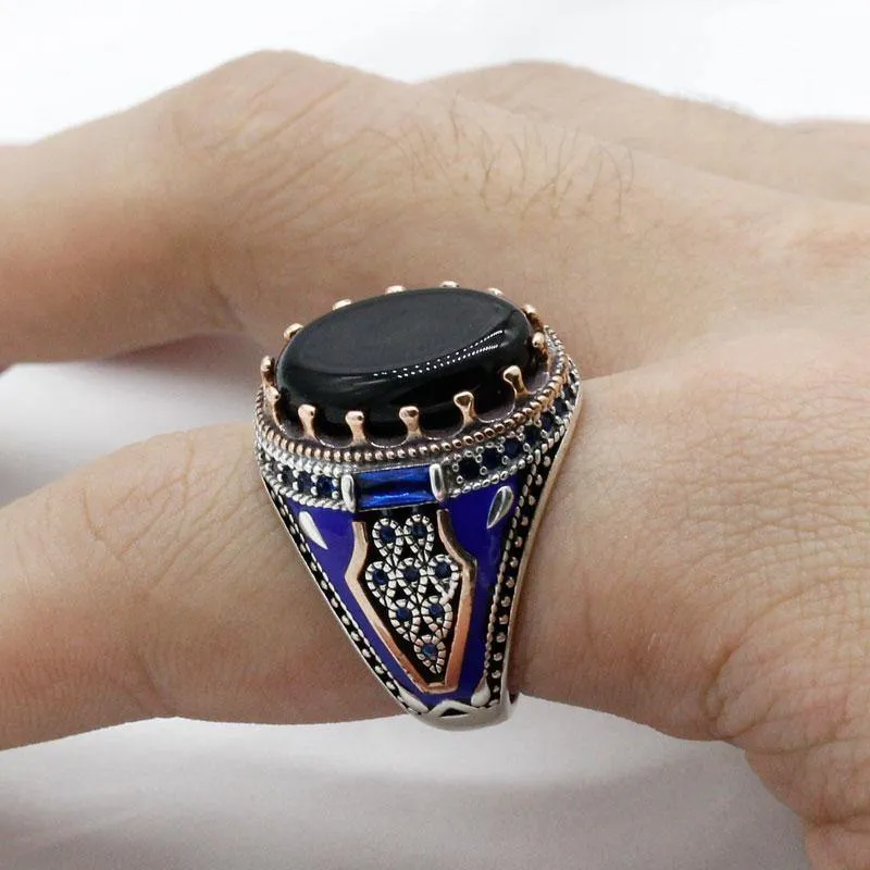 Vintage Black Agate with Blue Enamel Ring