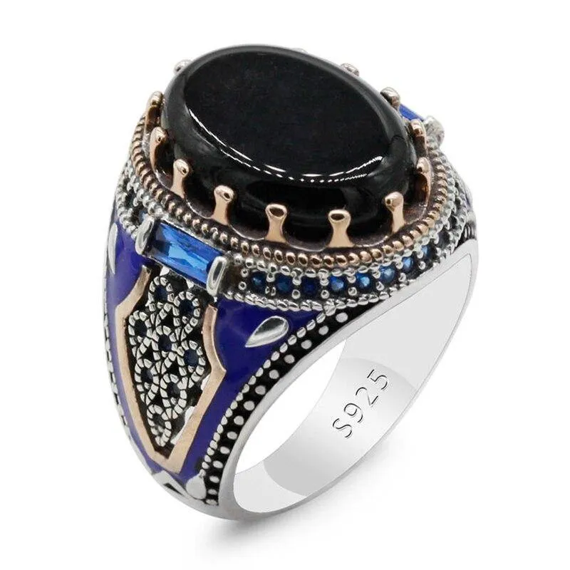 Vintage Black Agate with Blue Enamel Ring