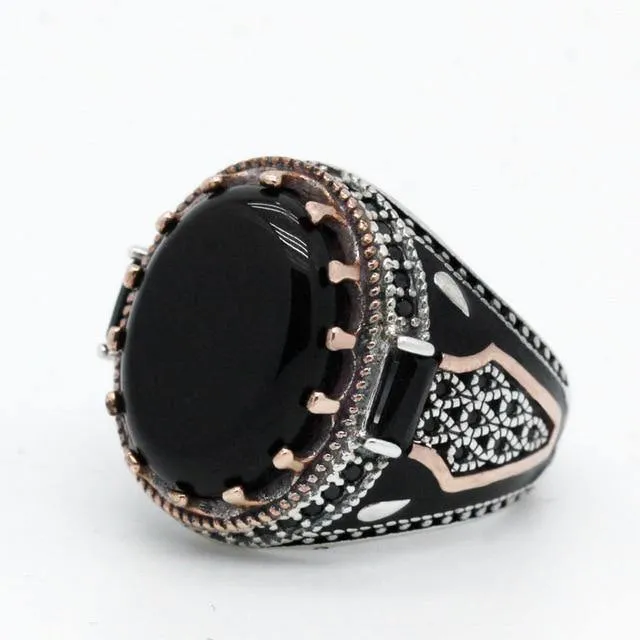 Vintage Black Agate with Blue Enamel Ring