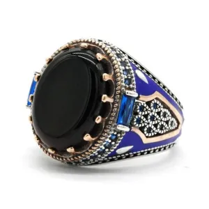 Vintage Black Agate with Blue Enamel Ring