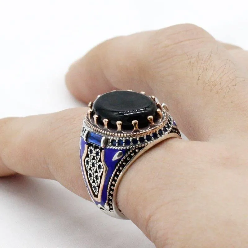 Vintage Black Agate with Blue Enamel Ring