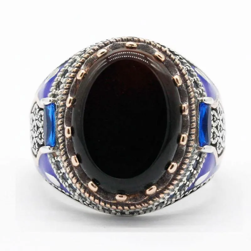 Vintage Black Agate with Blue Enamel Ring