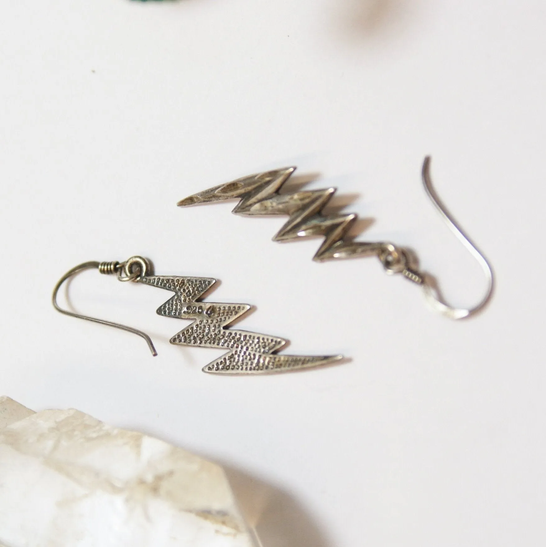 Vintage Sterling Silver Lightning Bolt Earrings, Unique Silver Earrings With Carved Details, Minimal Dangle Sterling Lightning Bolt Earrings
