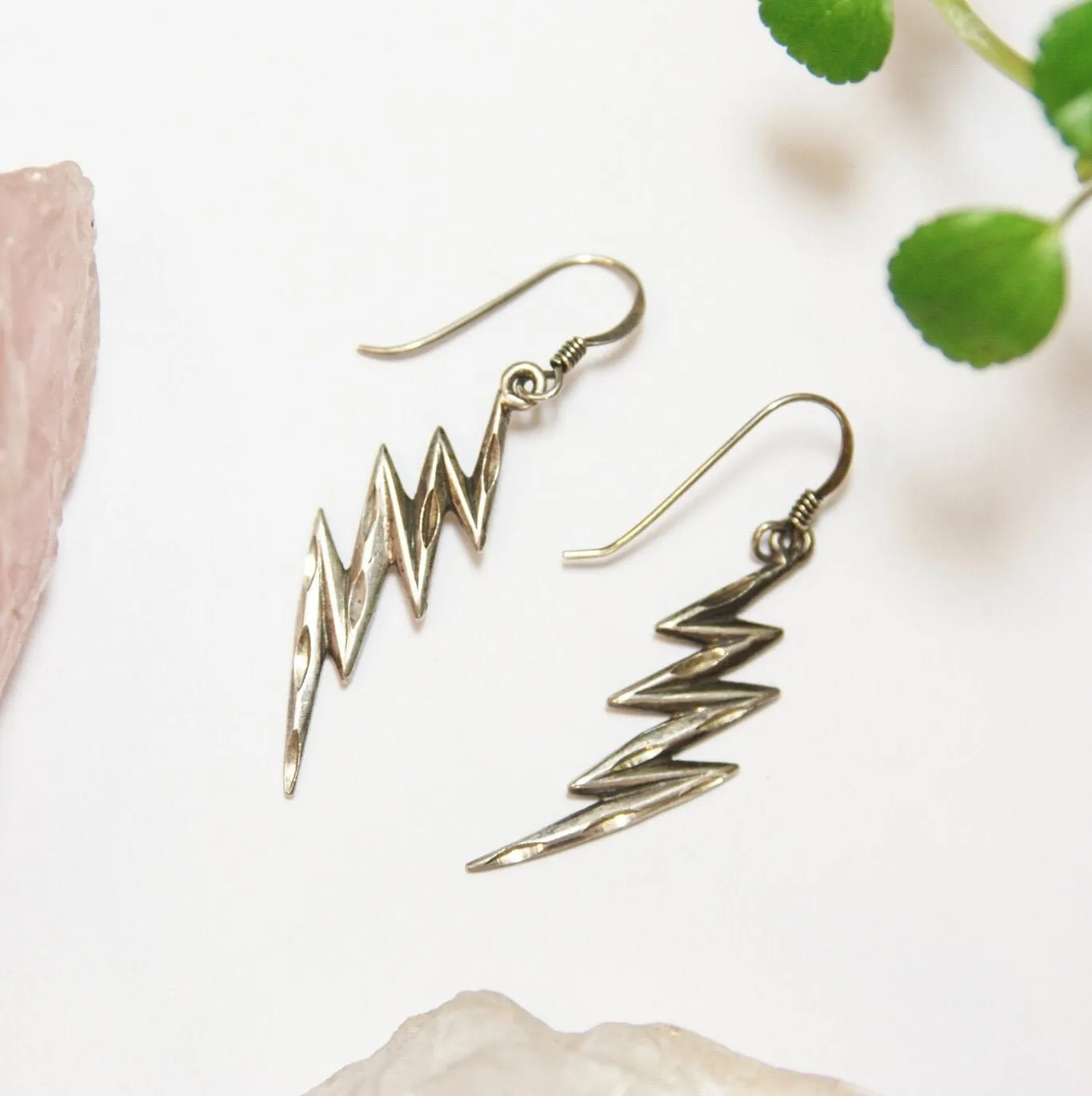 Vintage Sterling Silver Lightning Bolt Earrings, Unique Silver Earrings With Carved Details, Minimal Dangle Sterling Lightning Bolt Earrings
