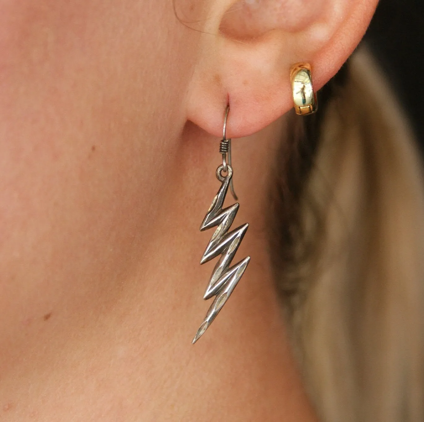 Vintage Sterling Silver Lightning Bolt Earrings, Unique Silver Earrings With Carved Details, Minimal Dangle Sterling Lightning Bolt Earrings