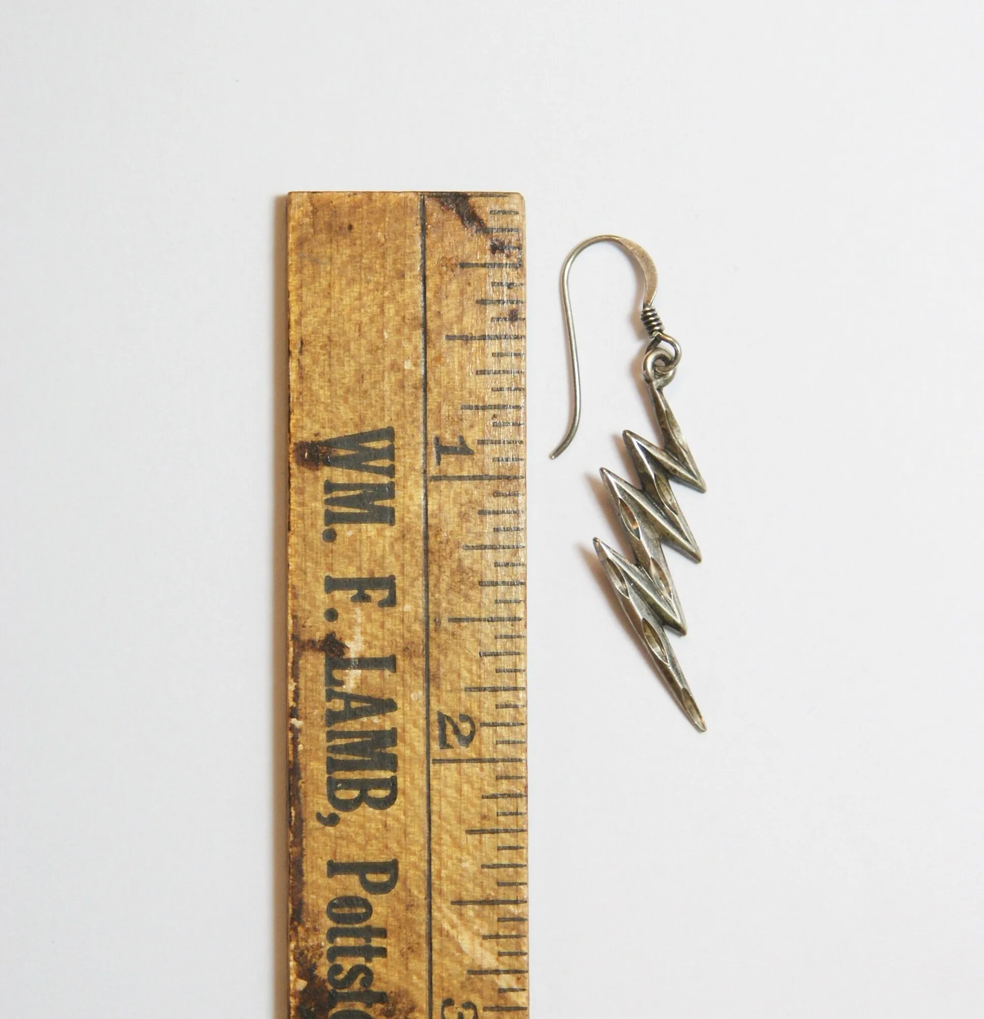 Vintage Sterling Silver Lightning Bolt Earrings, Unique Silver Earrings With Carved Details, Minimal Dangle Sterling Lightning Bolt Earrings