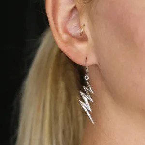 Vintage Sterling Silver Lightning Bolt Earrings, Unique Silver Earrings With Carved Details, Minimal Dangle Sterling Lightning Bolt Earrings