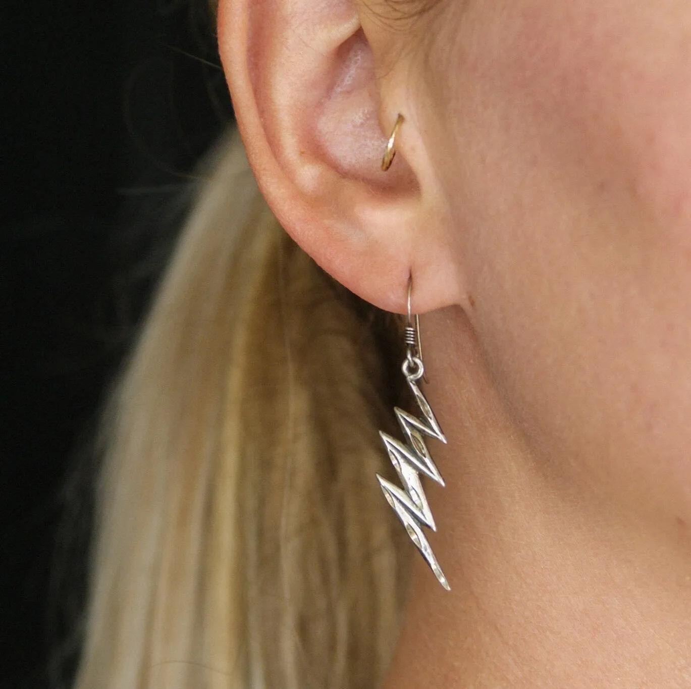 Vintage Sterling Silver Lightning Bolt Earrings, Unique Silver Earrings With Carved Details, Minimal Dangle Sterling Lightning Bolt Earrings