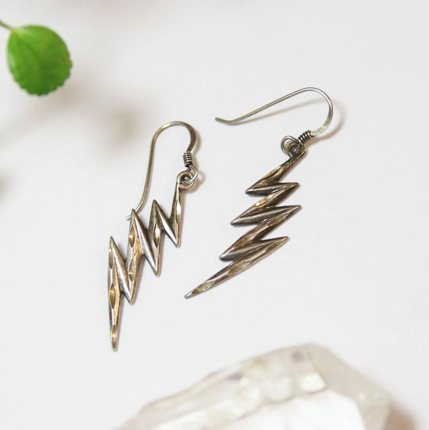Vintage Sterling Silver Lightning Bolt Earrings, Unique Silver Earrings With Carved Details, Minimal Dangle Sterling Lightning Bolt Earrings