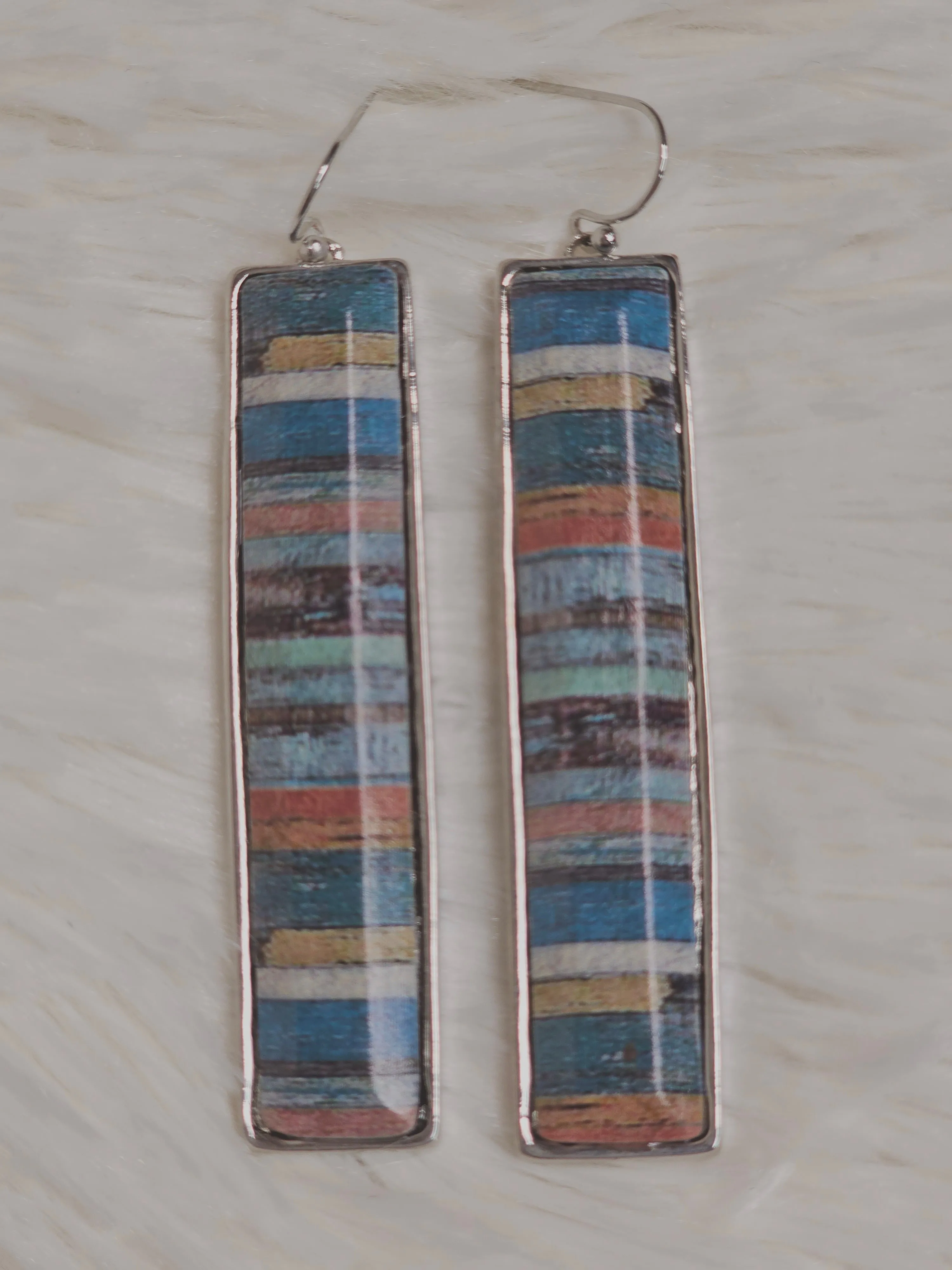 Vintage Wooden Wall Print Bar Dangle Earrings