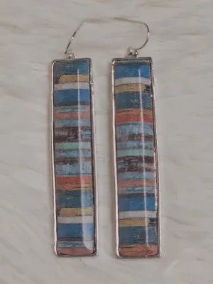 Vintage Wooden Wall Print Bar Dangle Earrings