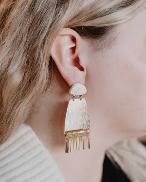 White Stone and Gold Tassel Earrings