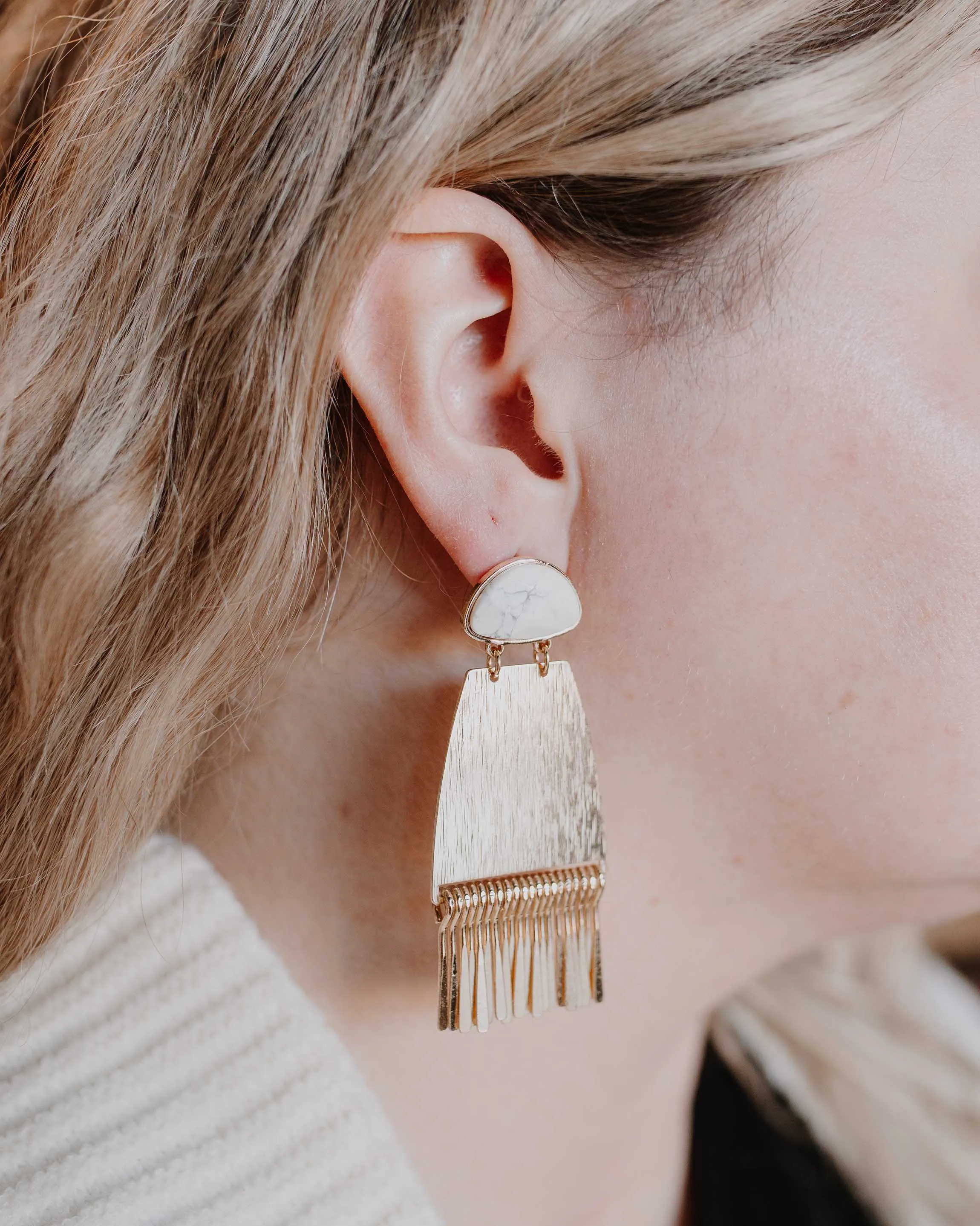 White Stone and Gold Tassel Earrings