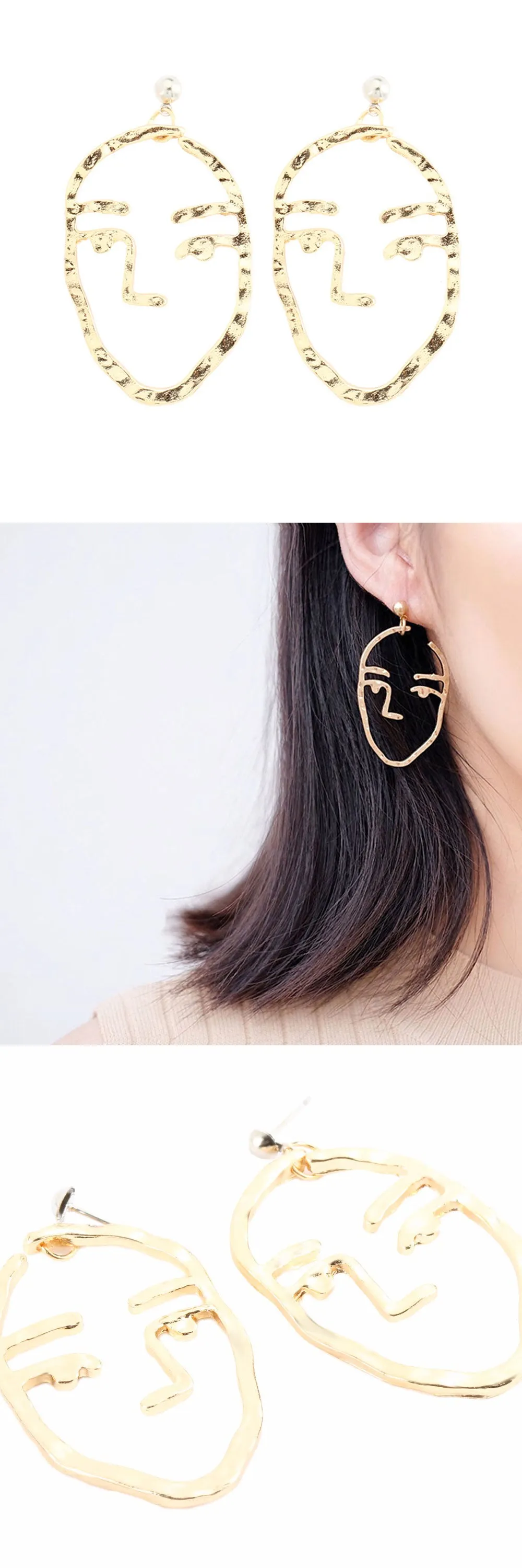 Zen Hammered Metal Artistic Modern Portrait Face Dangle Earrings