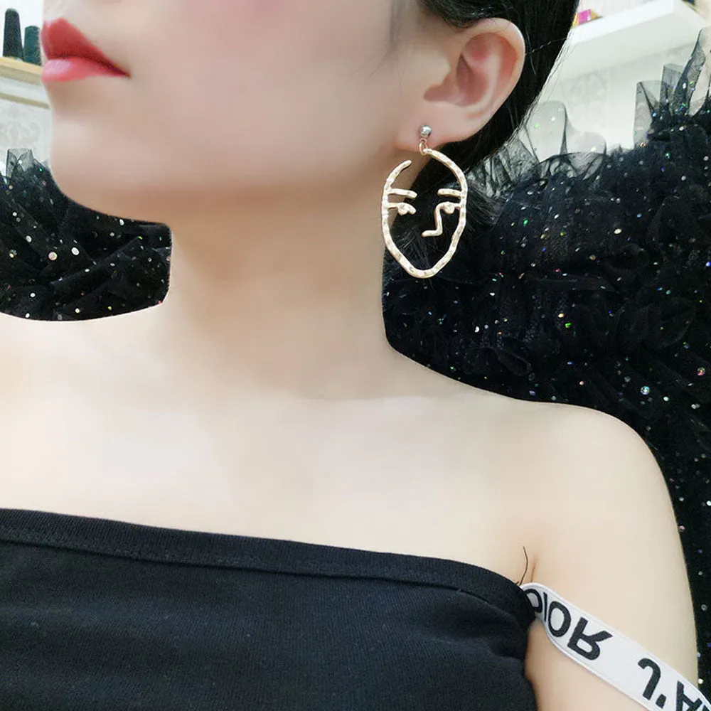 Zen Hammered Metal Artistic Modern Portrait Face Dangle Earrings