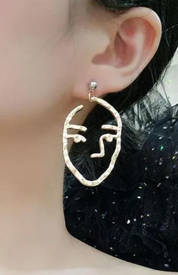 Zen Hammered Metal Artistic Modern Portrait Face Dangle Earrings