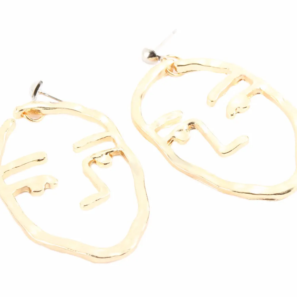 Zen Hammered Metal Artistic Modern Portrait Face Dangle Earrings