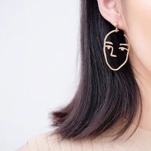 Zen Hammered Metal Artistic Modern Portrait Face Dangle Earrings