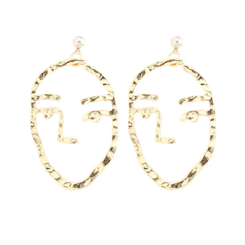 Zen Hammered Metal Artistic Modern Portrait Face Dangle Earrings