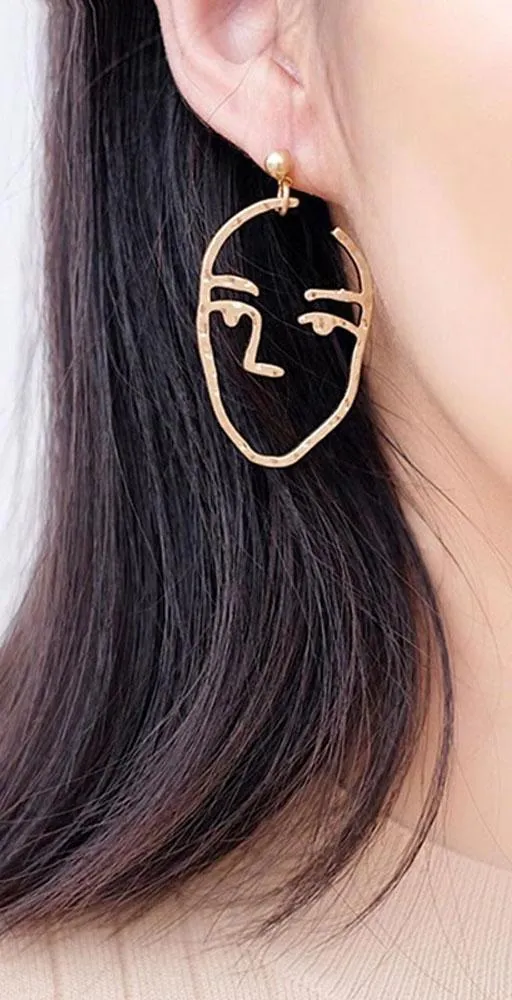 Zen Hammered Metal Artistic Modern Portrait Face Dangle Earrings