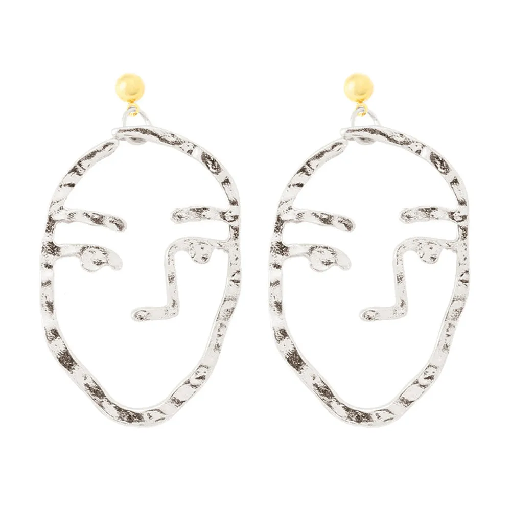 Zen Hammered Metal Artistic Modern Portrait Face Dangle Earrings