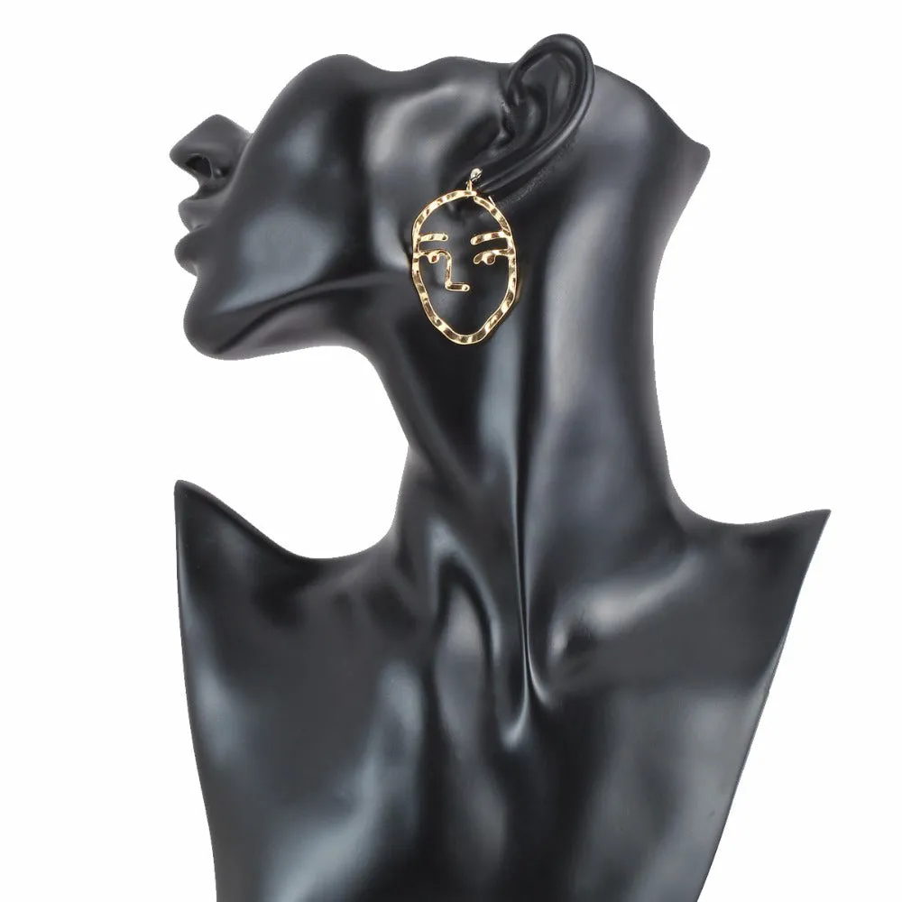 Zen Hammered Metal Artistic Modern Portrait Face Dangle Earrings