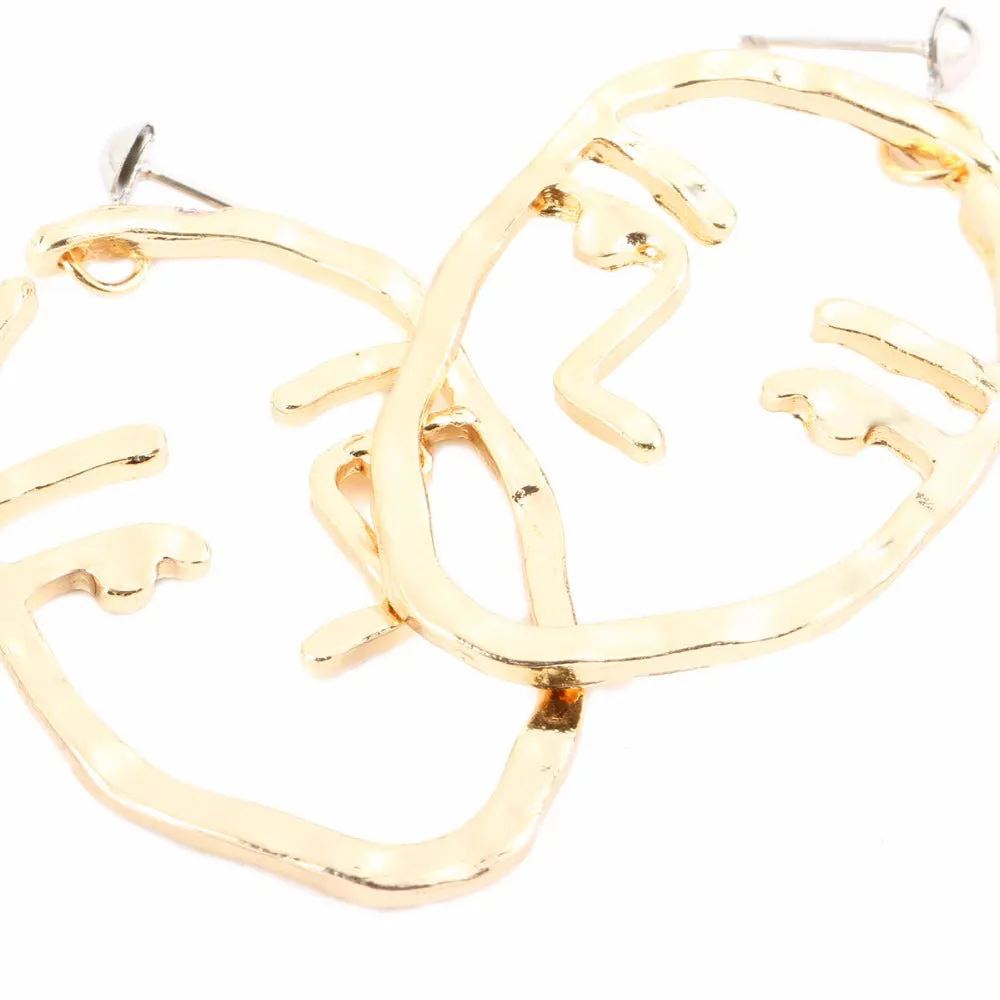 Zen Hammered Metal Artistic Modern Portrait Face Dangle Earrings