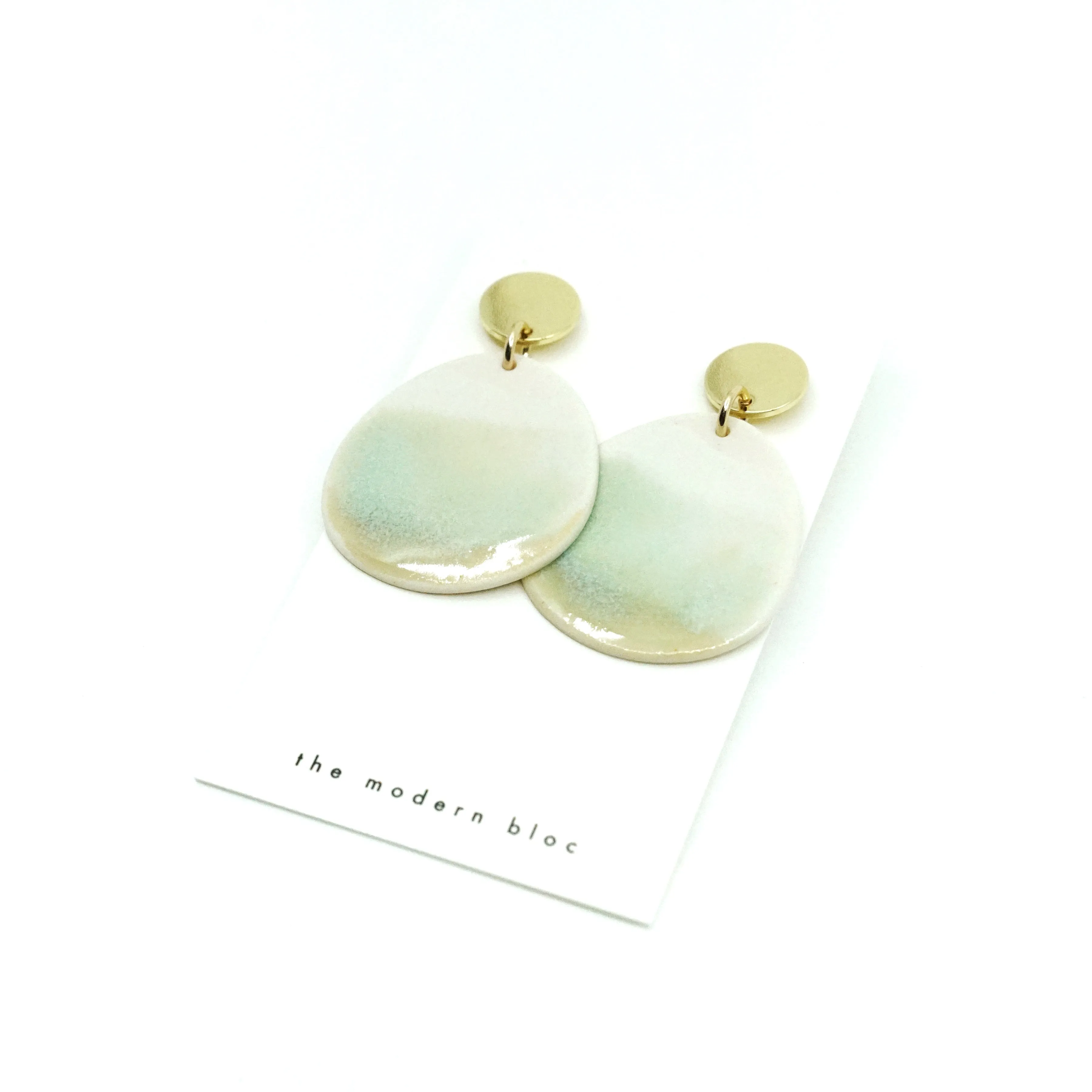 Zuri - Modern Circle Porcelain Hoop Earrings - White/Pale Green