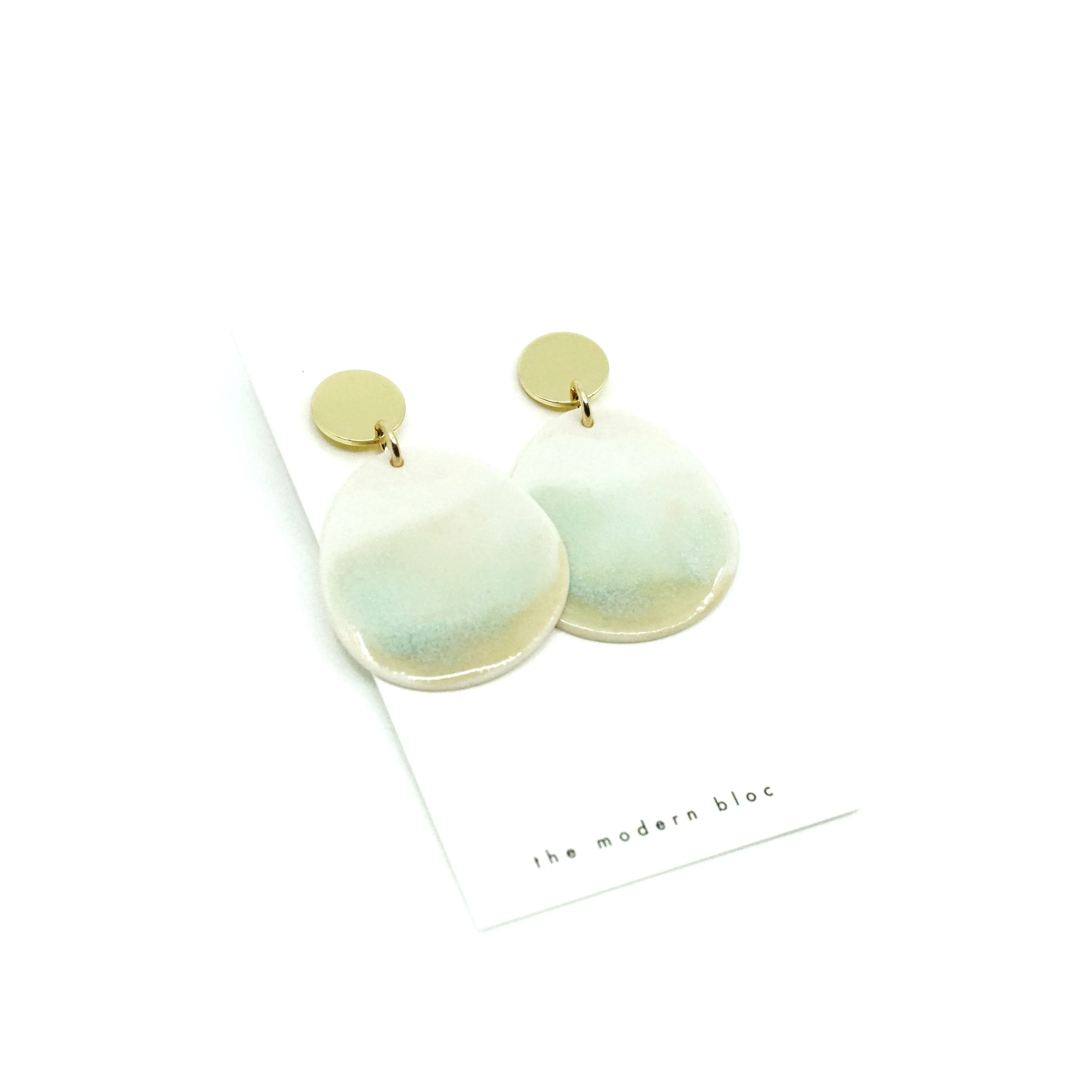 Zuri - Modern Circle Porcelain Hoop Earrings - White/Pale Green