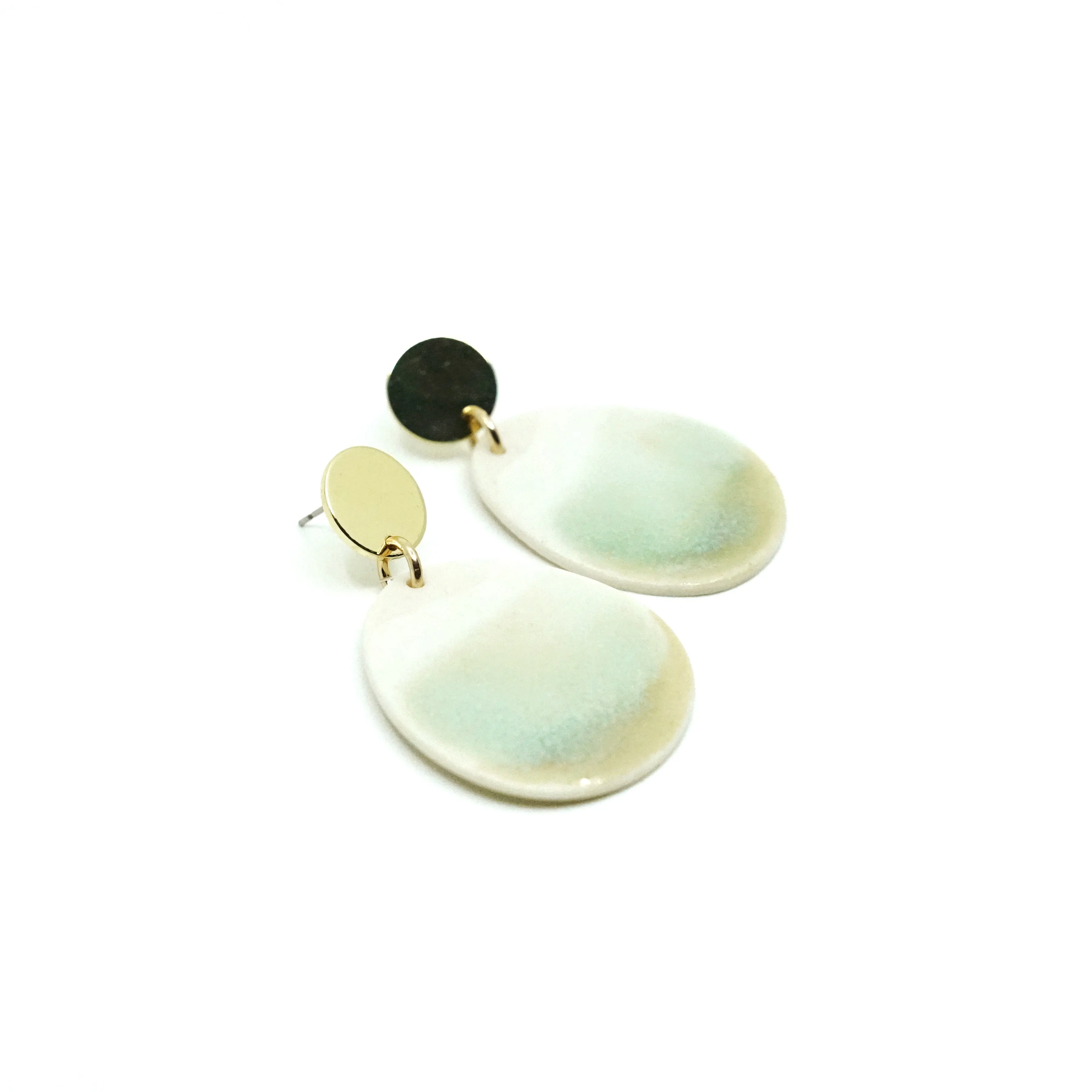 Zuri - Modern Circle Porcelain Hoop Earrings - White/Pale Green